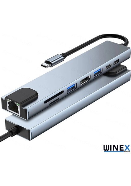 8in1 USB Type-C Hub Port Adaptör HDMI USB Ethernet Pd Girişli