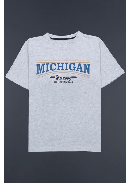 Gri Oversize Michigan Lansing Tasarım Tshirt