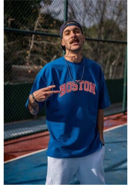 Mavi Boston Baskılı Tasarım Tshirt