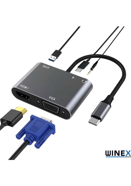 5in1 Type-C Hub Port Adaptör HDMI VGA USB Aux Pd Girişli