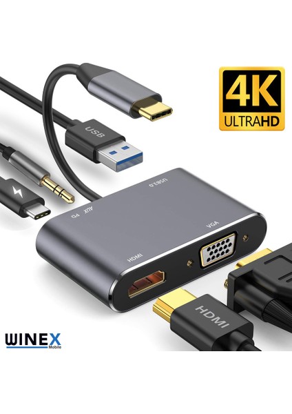 5in1 Type-C Hub Port Adaptör HDMI VGA USB Aux Pd Girişli