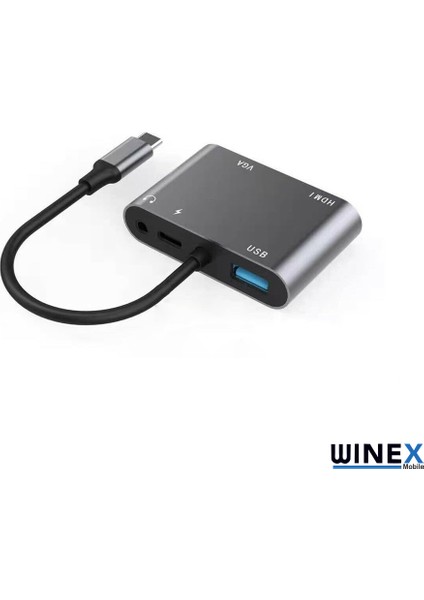 5in1 Type-C Hub Port Adaptör HDMI VGA USB Aux Pd Girişli