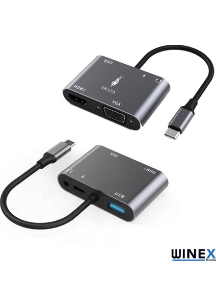 5in1 Type-C Hub Port Adaptör HDMI VGA USB Aux Pd Girişli