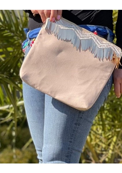 Pul Payet Şeritli Tasarım Portföy Clutch El Çantası