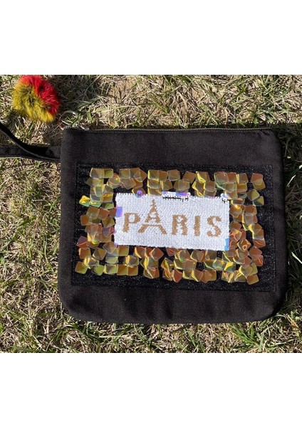 Gönülden Tasarım Paris Pul Payetli Tasarım Ponponlu Günlük Portföy Clutch El Çantası