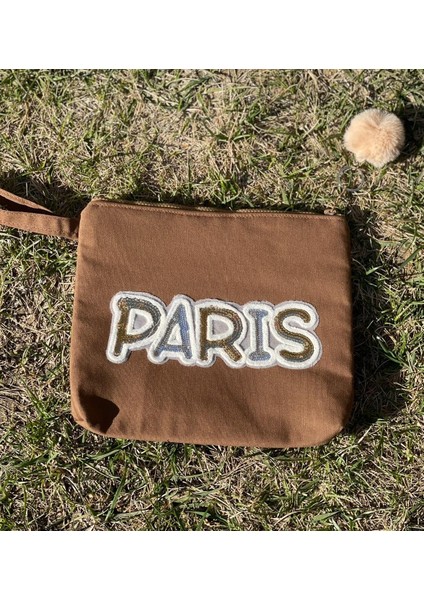 Gönülden Tasarım Paris Aplikeli Tasarım Kahverengi El,portföy Clutch Çanta