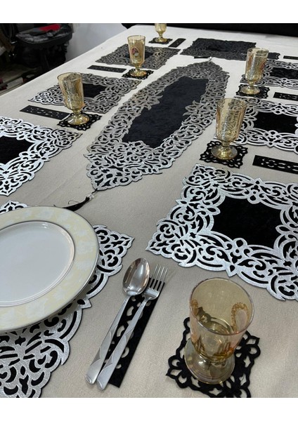 Sehara/kadife 8 Kişilik 25 Parça Yemek Sunum Takımı/siyah/gümüş