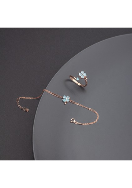 925 Ayar Gümüş Turkuaz Taşlı Yonca Bileklik Yüzük Set