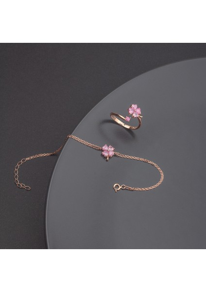 925 Ayar Gümüş Pembe Taşlı Yonca Bileklik Yüzük Set
