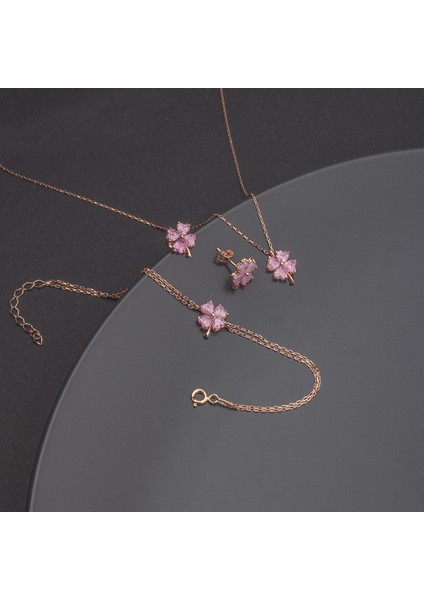 925 Ayar Gümüş Pembe Taşlı Yonca Küpe Kolye Bileklik Set