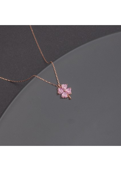 925 Ayar Gümüş Pembe Taşlı Yonca Kolye