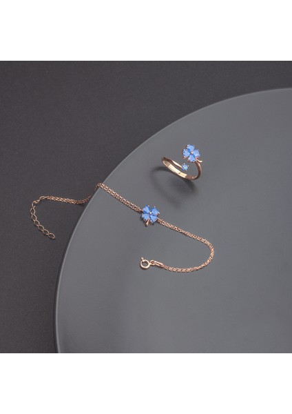 925 Ayar Gümüş Safir Taşlı Yonca Bileklik Yüzük Set