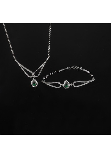 925 Ayar Gümüş Zümrüt Taşlı Damla Sallantılı Kanat Kolye Bileklik Ts fiyatları