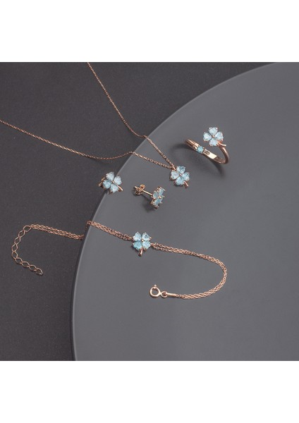 925 Ayar Gümüş Turkuaz Taşlı Yonca Takı Seti