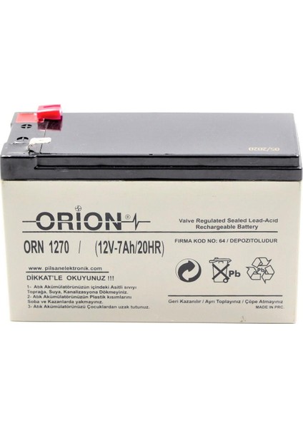 ORN1270 12V 7Ah Bakımsız Kuru Akü T2 Soket