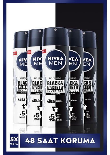 Men Erkek Sprey Deodorant Black&White Invisible Original 48 Saat Anti-Perspirant Koruma 150 ml x 5