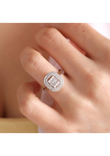 Beyaz Altın Baget Yüzük Çift Sıra