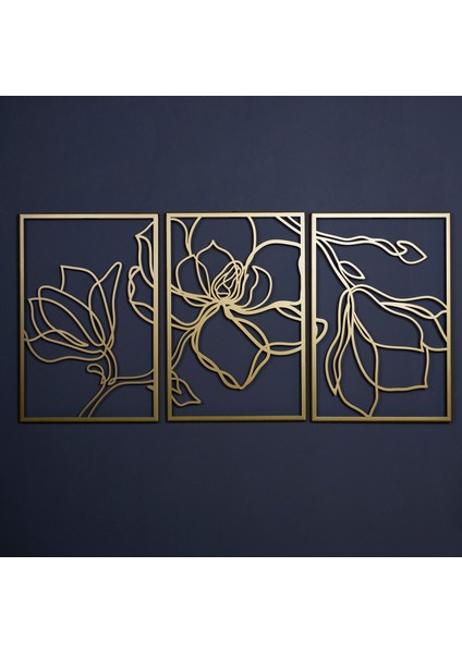 Floral Line Art 3'lü Set Metal Modern Duvar Tablosu - Ev Dekorasyonları - 30 x 45 cm - APT529