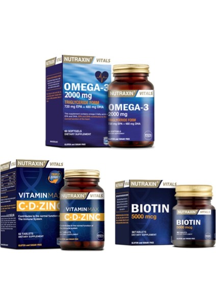 Omega 3 Balık Yağı 2000 Mg 60 Kapsül + Vitamin Max (C,d,zinc) 60 Tablet + Biotin 5000 Mcg 30 Tablet