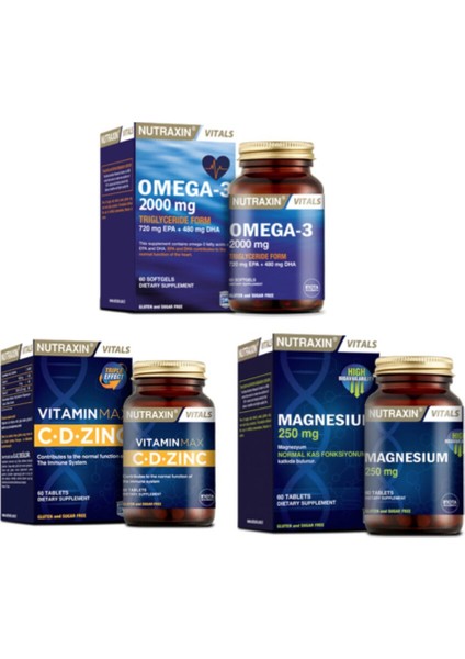 Omega 3 Balık Yağı 2000 Mg 60 Kapsül + Vitamin Max (C,d,zinc)60 Tablet + Magnesium 60 Tablet