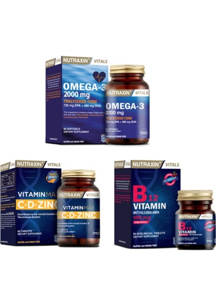 Omega 3 Balık Yağı 2000 Mg 60 Kapsül + Vitamin Max (C,d,zinc)60 TABLET+B12 Vitamini 60 Dilaltı