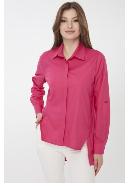 Kadın Kenarları Düğmeli Koton Gömlek Fuşya