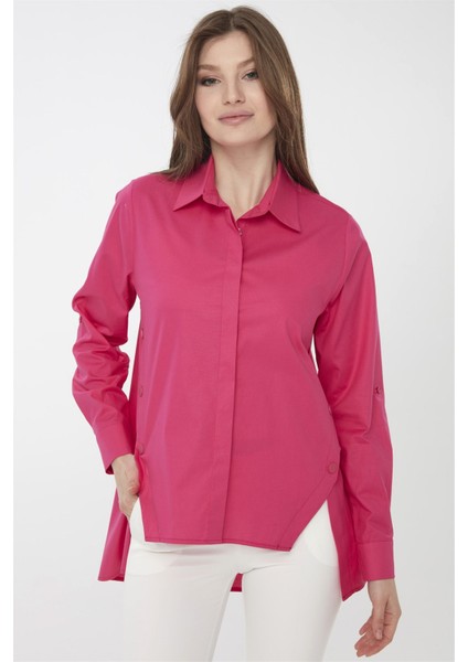 Kadın Kenarları Düğmeli Koton Gömlek Fuşya modelleri