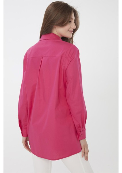 Kadın Kenarları Düğmeli Koton Gömlek Fuşya indirimleri