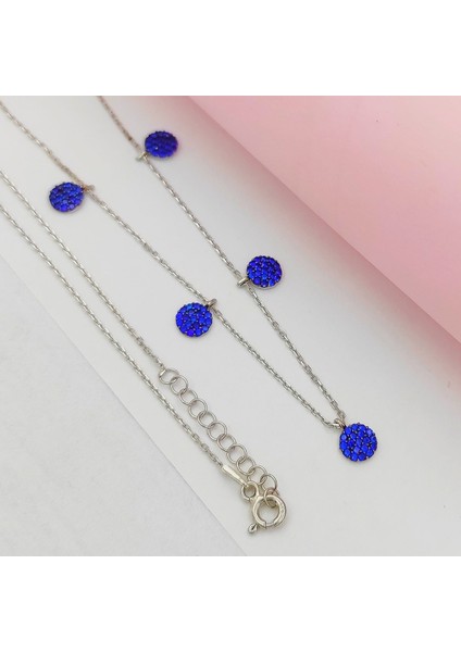 Gümüş Daire Model Lacivert Zirkon Taşlı Sallanır Kolye 925 Ayar