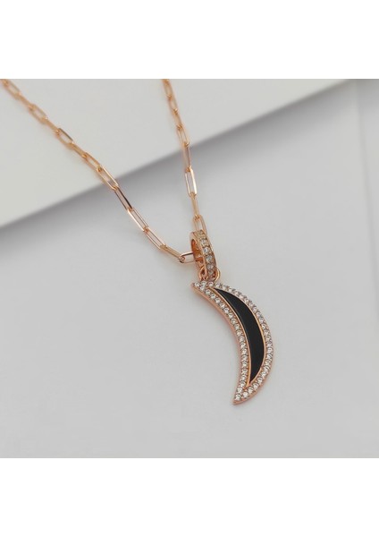 Gümüş Ay Model Mineli ve Zirkon Taşlı Kolye 925 Ayar