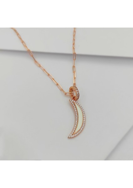 Gümüş Ay Model Mineli ve Zirkon Taşlı Kolye 925 Ayar