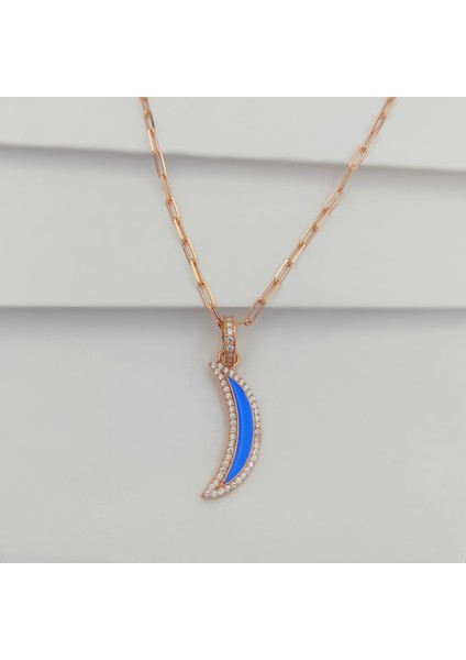 Gümüş Ay Model Mineli ve Zirkon Taşlı Kolye 925 Ayar