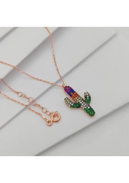 Gümüş Renkli Zirkon Taşlı Kaktüs Model Kolye 925 Ayar