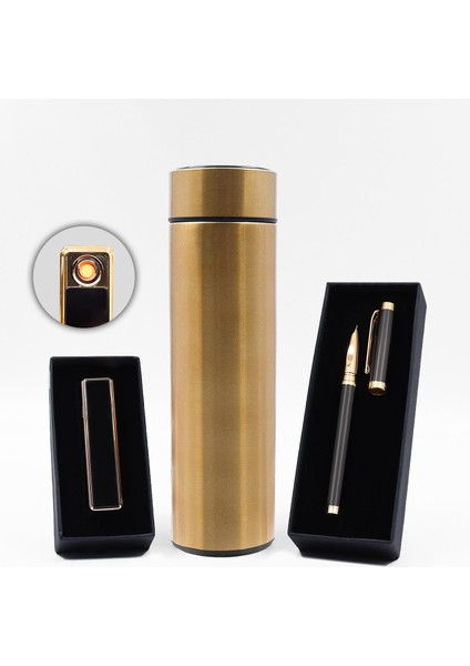Gold Renk Dereceli Termos & Füme Kalem & Siyah USB Şarjlı Sürgülü Çakmak Seti