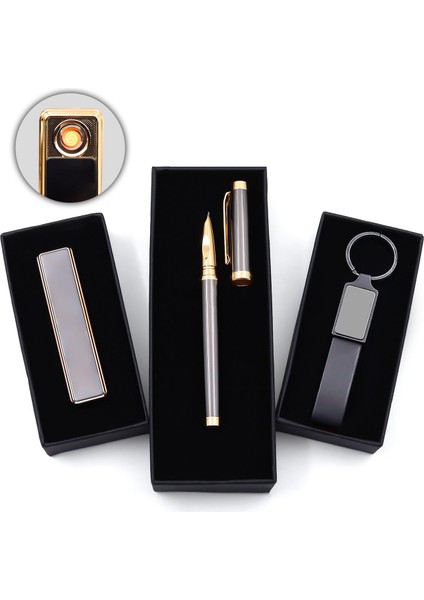 Füme Kalem & Siyah USB Şarjlı Sürgülü Çakmak & Siyah Anahtarlık Seti