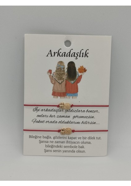 Kırmızı Ipli Örgülü El Yapımı Ananas Simgeli 2li Arkadaş Bileklik