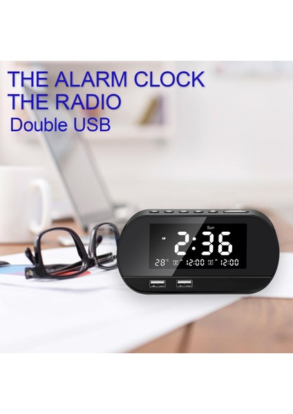 Masaüstü Çalar Saat Zamanlayıcı Taşınabilir Hoparlör Çift USB Bağlantı Noktaları LED Ekran Siyah (Yurt Dışından)