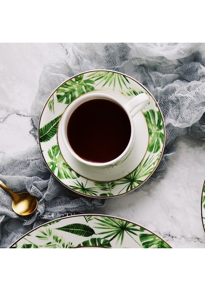 En Iyi Kemik Çini Küçük Kahve Fincanı ve Tabağı Çay Fincanı Porselen Yeşil Bitki Desen Anahat Altın Seramik Espresso Bardak ve Yemek | Kahve Fincanı ve tabak Setleri (Yurt Dışından)
