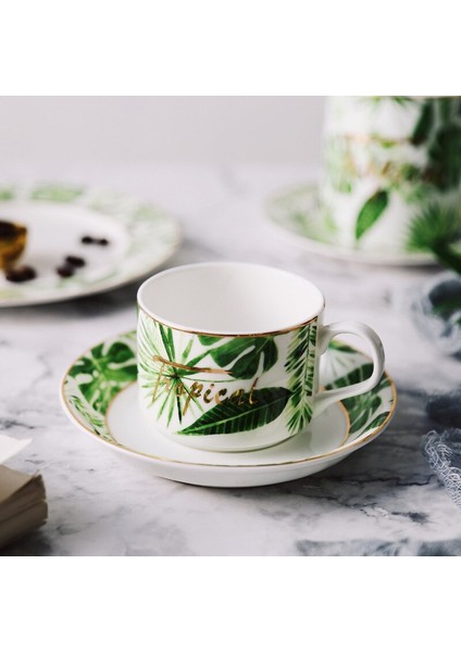 En Iyi Kemik Çini Küçük Kahve Fincanı ve Tabağı Çay Fincanı Porselen Yeşil Bitki Desen Anahat Altın Seramik Espresso Bardak ve Yemek | Kahve Fincanı ve tabak Setleri (Yurt Dışından)
