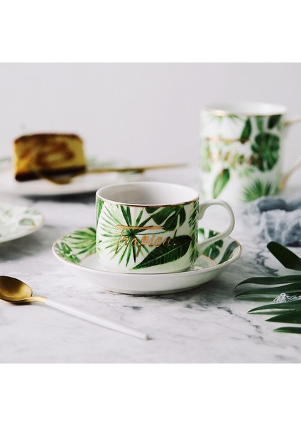 En Iyi Kemik Çini Küçük Kahve Fincanı ve Tabağı Çay Fincanı Porselen Yeşil Bitki Desen Anahat Altın Seramik Espresso Bardak ve Yemek | Kahve Fincanı ve tabak Setleri (Yurt Dışından)