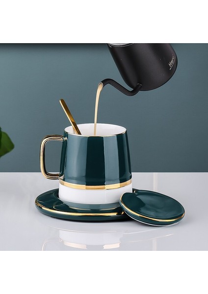 Kapak Sütlü Seramik Kupa Kahve Fincanları Avrupa Porselen Yaratıcı Basit Espresso Çift Çay Bardağı ve Tabağı Set Altın Kaşık Kupalar | Kupalar (Yurt Dışından)