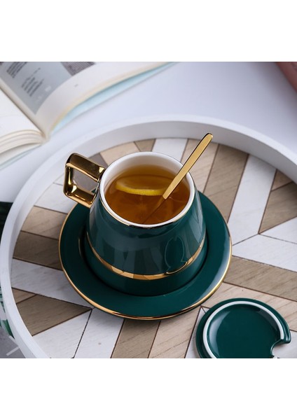 Seramik Kahve Fincanı Avrupa Lüks Kaşık ile Set Hediye Kutusu Seti Kupa Süt Çay Kahve Hediyesi Yeşil Içecek Şişesi 450 ml | Kahve Kupası ve tabak Setleri (Yurt Dışından)