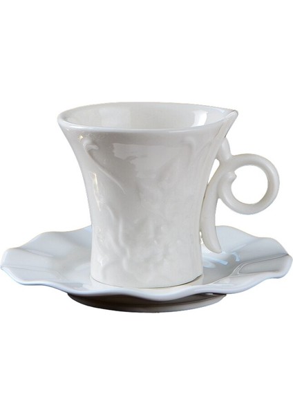 Beyaz Kabartmalı Seramik Kahve Fincanı Seti Lüks Yeniden Kullanılabilir Çay Bardağı ve Tabağı Set Vintage Ev Eşyaları | Kupa ve tabaklar (Yurt Dışından)