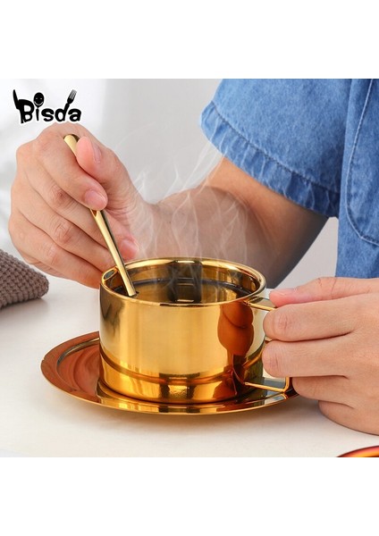 Paslanmaz Çelik Kahve Kupa Çay Bardaklar ile Firma Çift Duvar Cafe Kupası Kaşık ile Basit Set Ev Mutfak Parti Için | Kupalar ve tabaklar (Yurt Dışından)