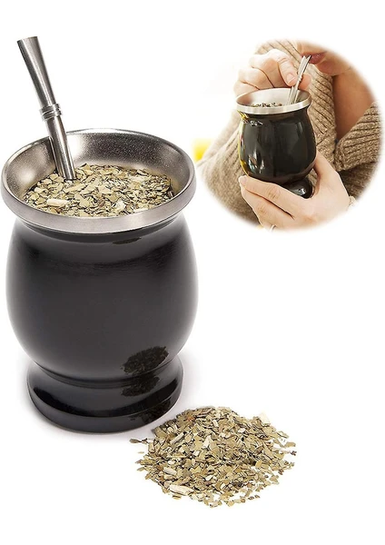 Three Beans 8 Oz Yerba Mate Doğal Kabak Çay Kupası 1 Bomba ile Set (Siyah) (Yurt Dışından)