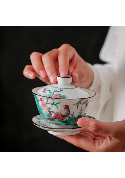 Jingdezhen Gaiwan Renkli Şube Kuş Tureen Kapaklı Seramik Kupası Kapak Tabağı Seti Çay Kase Drinkware Dekor Zanaat Hediye Teaset | Çay Tureen (Yurt Dışından) fiyatları