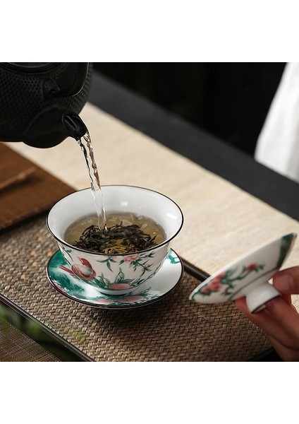 Jingdezhen Gaiwan Renkli Şube Kuş Tureen Kapaklı Seramik Kupası Kapak Tabağı Seti Çay Kase Drinkware Dekor Zanaat Hediye Teaset | Çay Tureen (Yurt Dışından) fırsatları