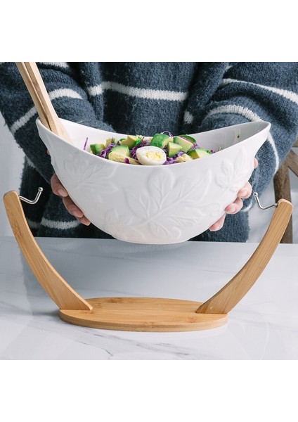 Derin Kase Salata Asılı Seramik ve Bambu Salata Kase ile Standı Dekoratif Beşik Meyve Tepsisi Kaşıkla | Kaseler (Yurt Dışından) fırsatları