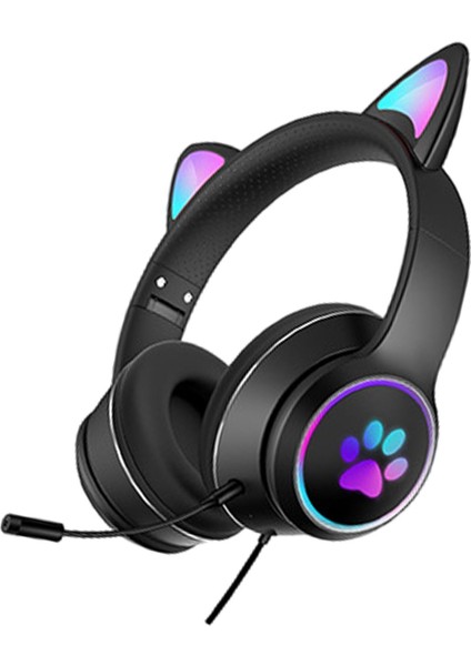 Kedi Kulağı Kablolu Aşırı Kulak Kulaklık Katlanabilir Surround Ses Rgb Işık Telefonlar Için Siyah (Yurt Dışından)