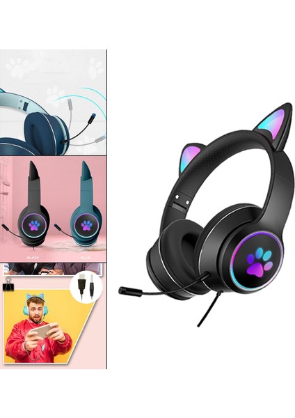 Kedi Kulağı Kablolu Aşırı Kulak Kulaklık Katlanabilir Surround Ses Rgb Işık Telefonlar Için Siyah (Yurt Dışından) modelleri